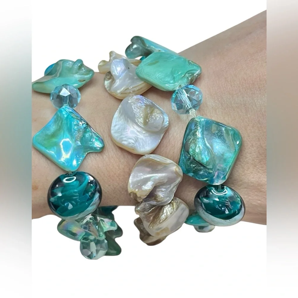 Set Of 3 Abalone Bead Stretch Bangle Bracelet Turquoise White/mother Of Pearl